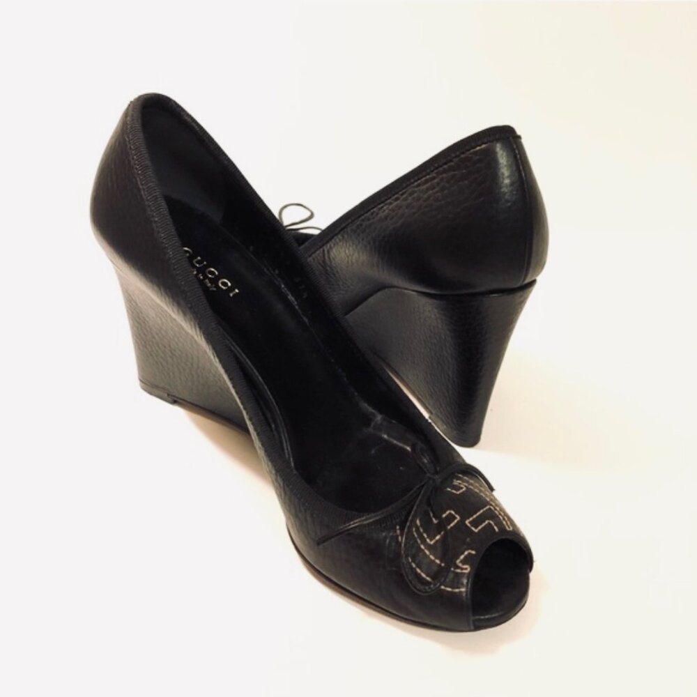Gucci Black Leather Peep-toe Wedge Pumps with Box and Dust bag - Picture 8 of 9